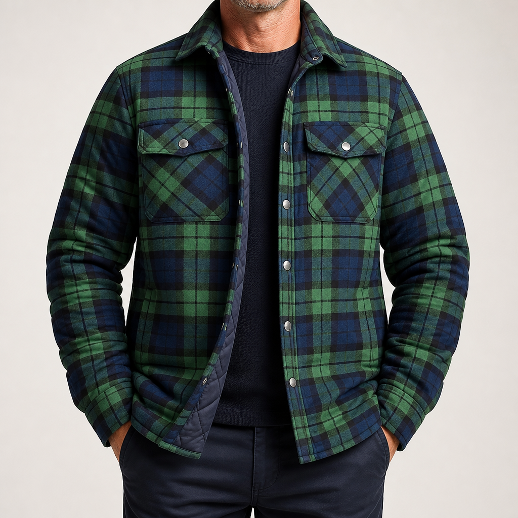 Keir | Mens Flannel Plaid Shirt Quilted Fleece Winter Down Padded Jacket, Green Quilted