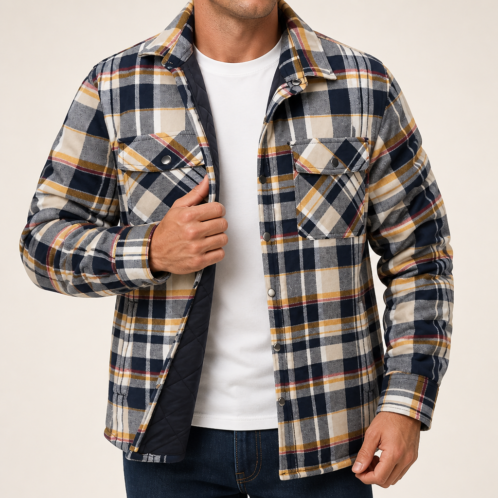 Keir | Mens Flannel Plaid Shirt Quilted Fleece Winter Down Padded Jacket, Khaki Quilted