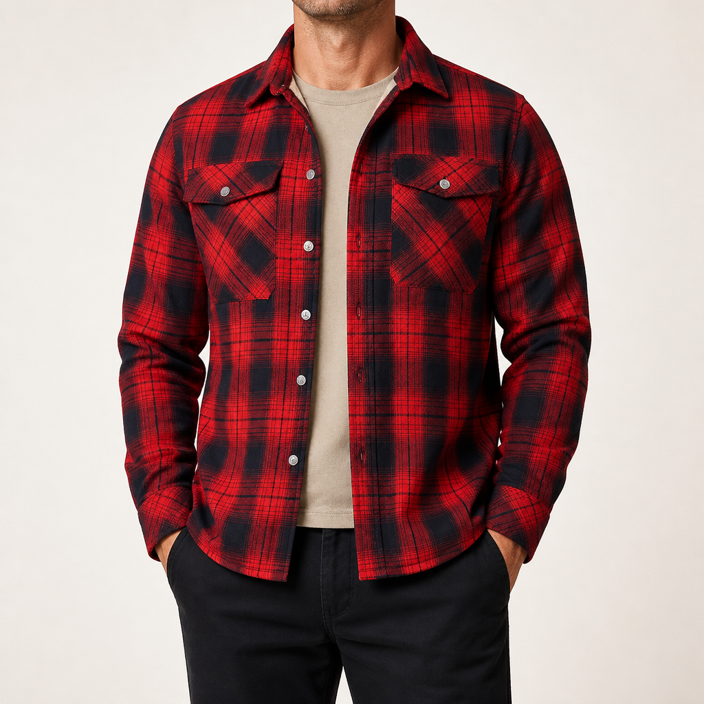 Keir | Mens Flannel Plaid Shirt Quilted Fleece Winter Down Padded Jacket, Red Fleece Lined
