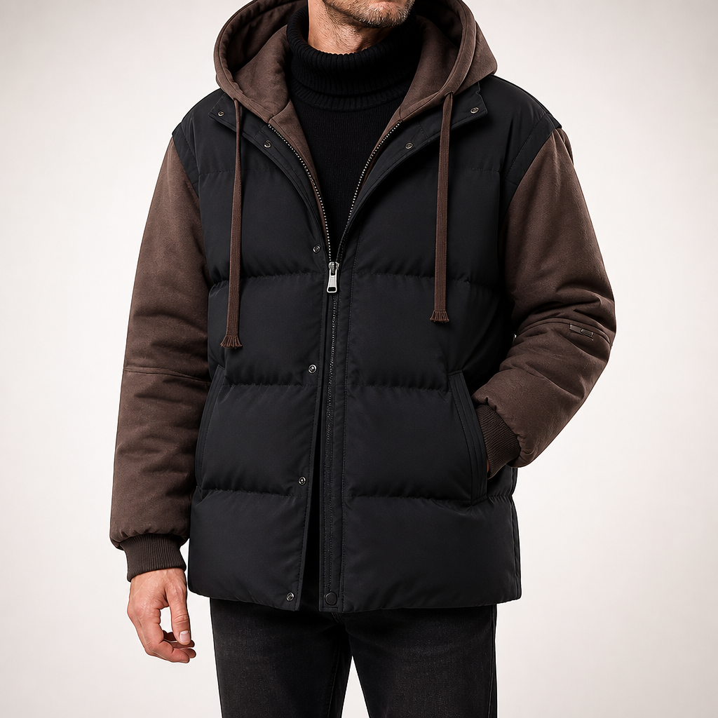 Kit | Mens Winter Puffer Padded Hooded Warm Workwear Coat, Dark Brown