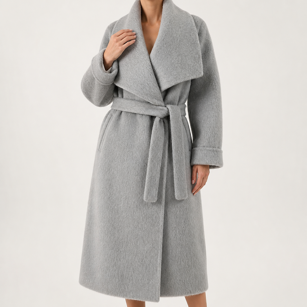 Lachlan | Womens Wool Coat Long Belted Winter Overcoat Trench, Light Gray