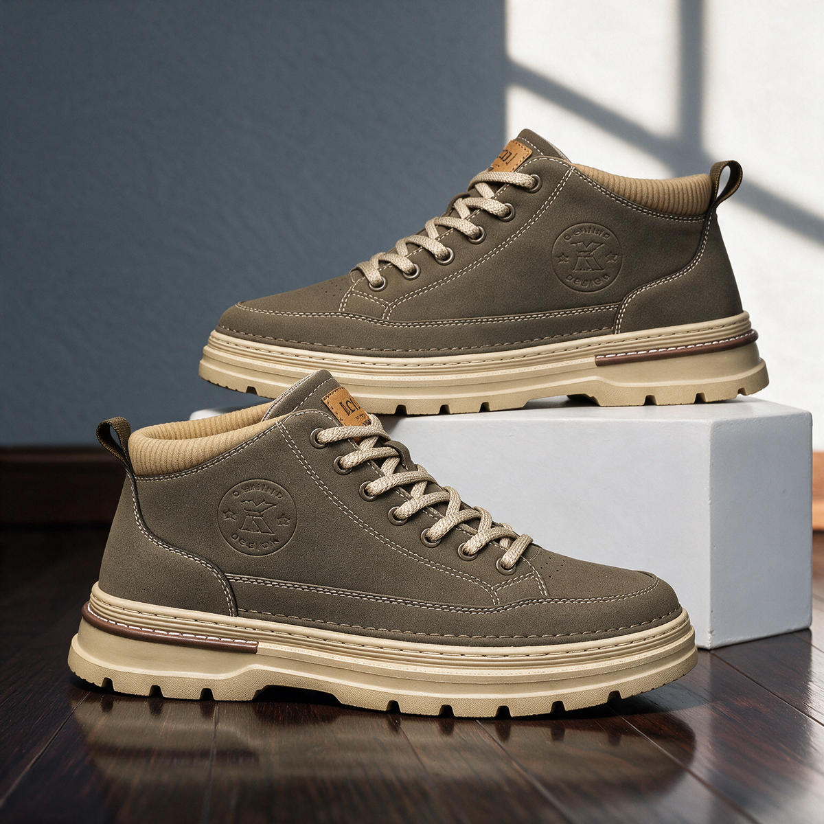 Pair of Langley Cushioned Chukka Boots in khaki on a wooden floor