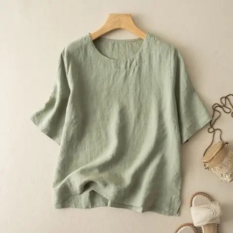 Lavinia | Womens Cotton Linen Short Sleeve Loose Summer Top - 1