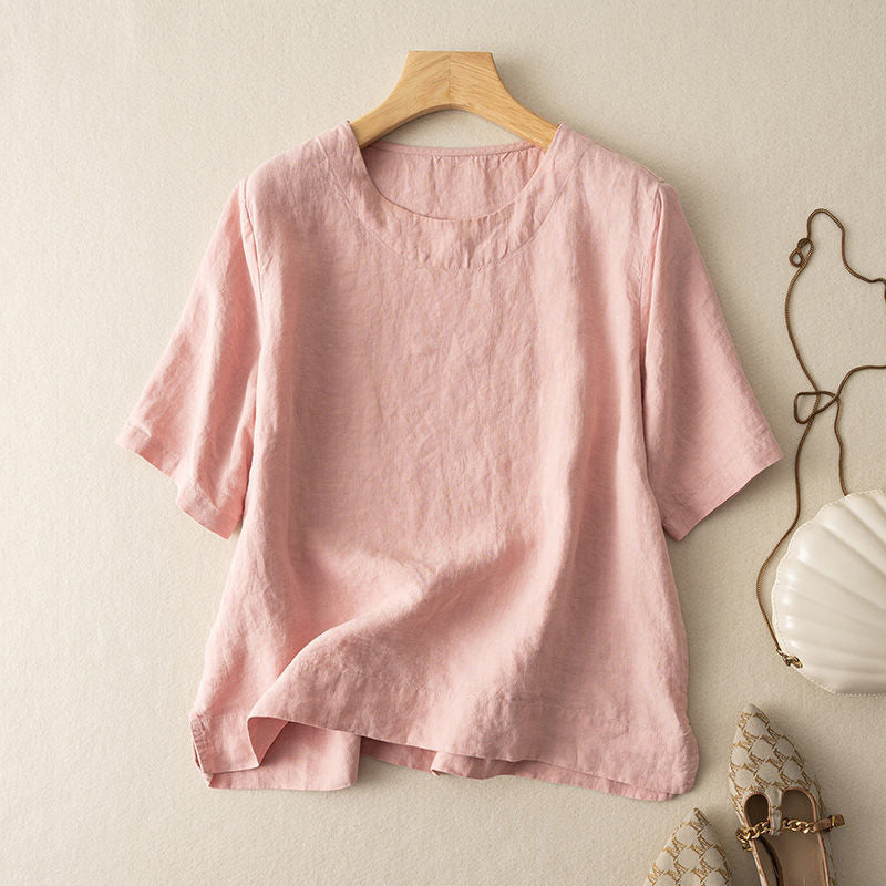 Lavinia | Womens Cotton Linen Short Sleeve Loose Summer Top - 2