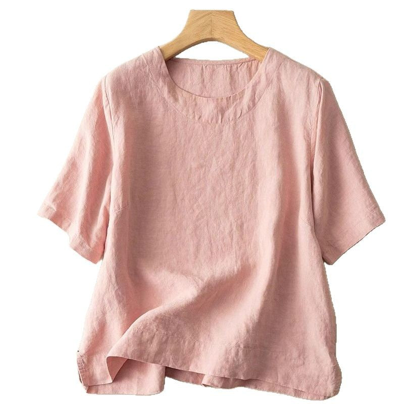 Lavinia | Womens Cotton Linen Short Sleeve Loose Summer Top - 4