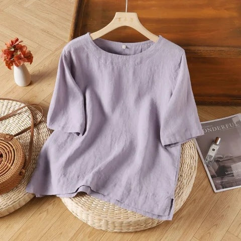 Lavinia | Womens Cotton Linen Short Sleeve Loose Summer Top - Purple