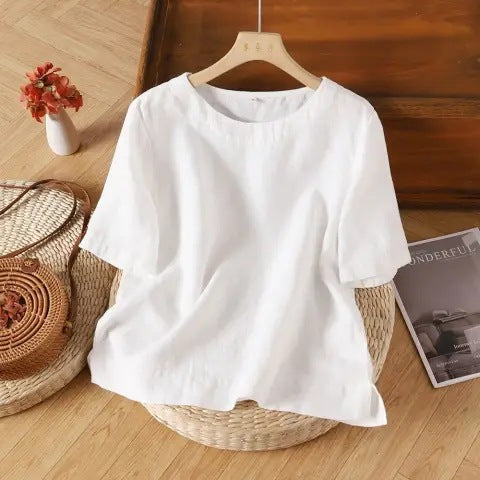 Lavinia | Womens Cotton Linen Short Sleeve Loose Summer Top - White