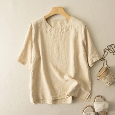 Lavinia | Womens Cotton Linen Short Sleeve Loose Summer Top - Yellow