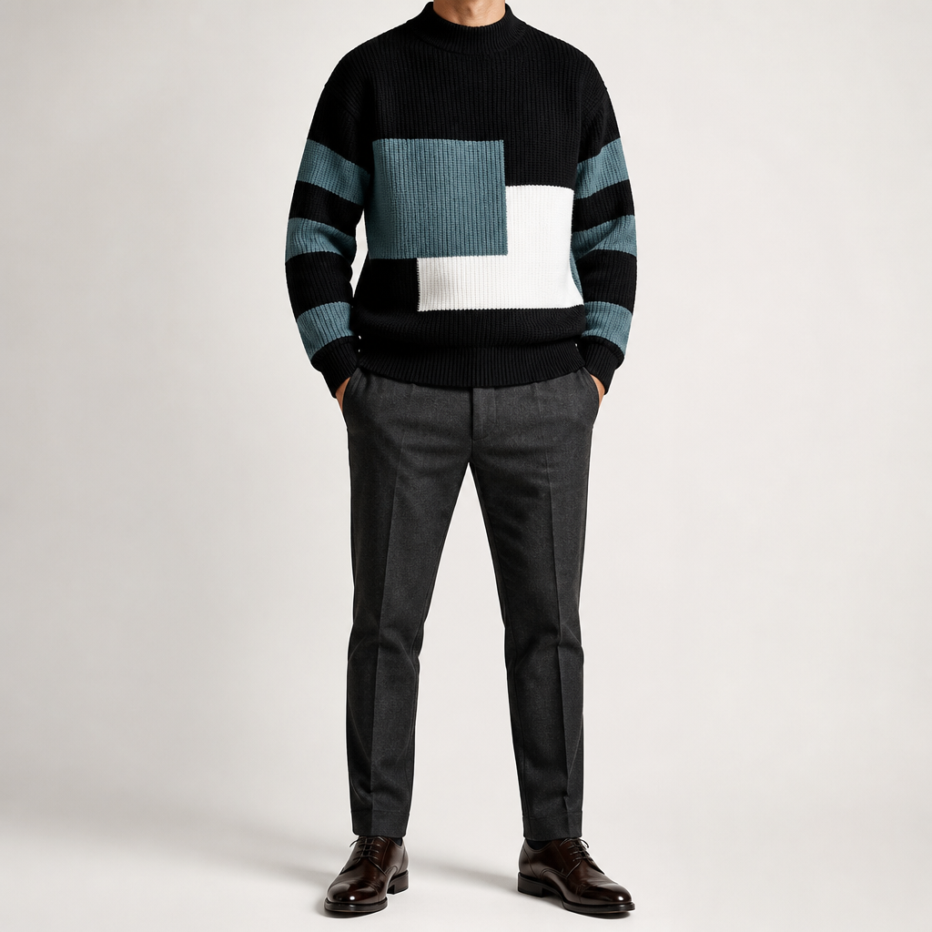 Leland | Mens Knitted Winter Warm Loose Contrast Colour Sweater, Pearl Black