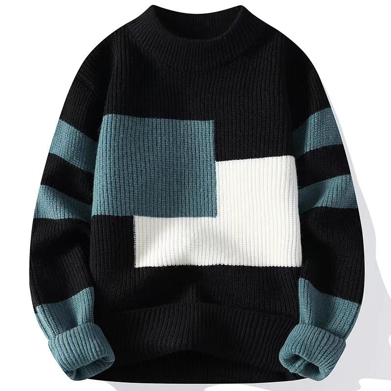 Leland | Mens Knitted Winter Warm Loose Contrast Colour Sweater - Pearl Black