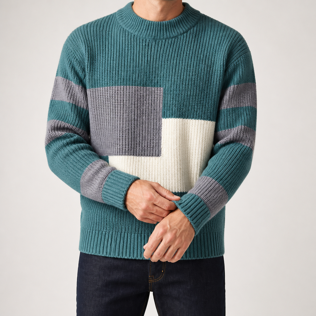 Leland | Mens Knitted Winter Warm Loose Contrast Colour Sweater, Pearl Green