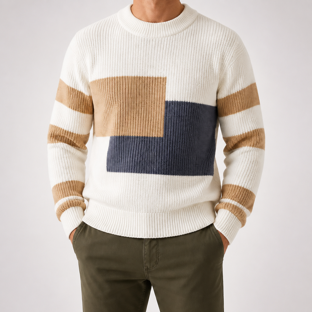 Leland | Mens Knitted Winter Warm Loose Contrast Colour Sweater, Pearl White