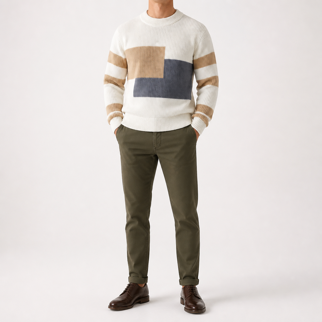 Leland | Mens Knitted Winter Warm Loose Contrast Colour Sweater, Pearl White