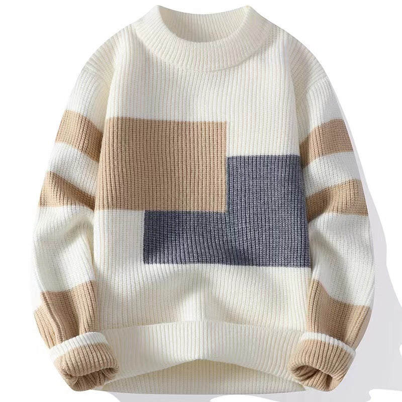 Leland | Mens Knitted Winter Warm Loose Contrast Colour Sweater - Pearl White