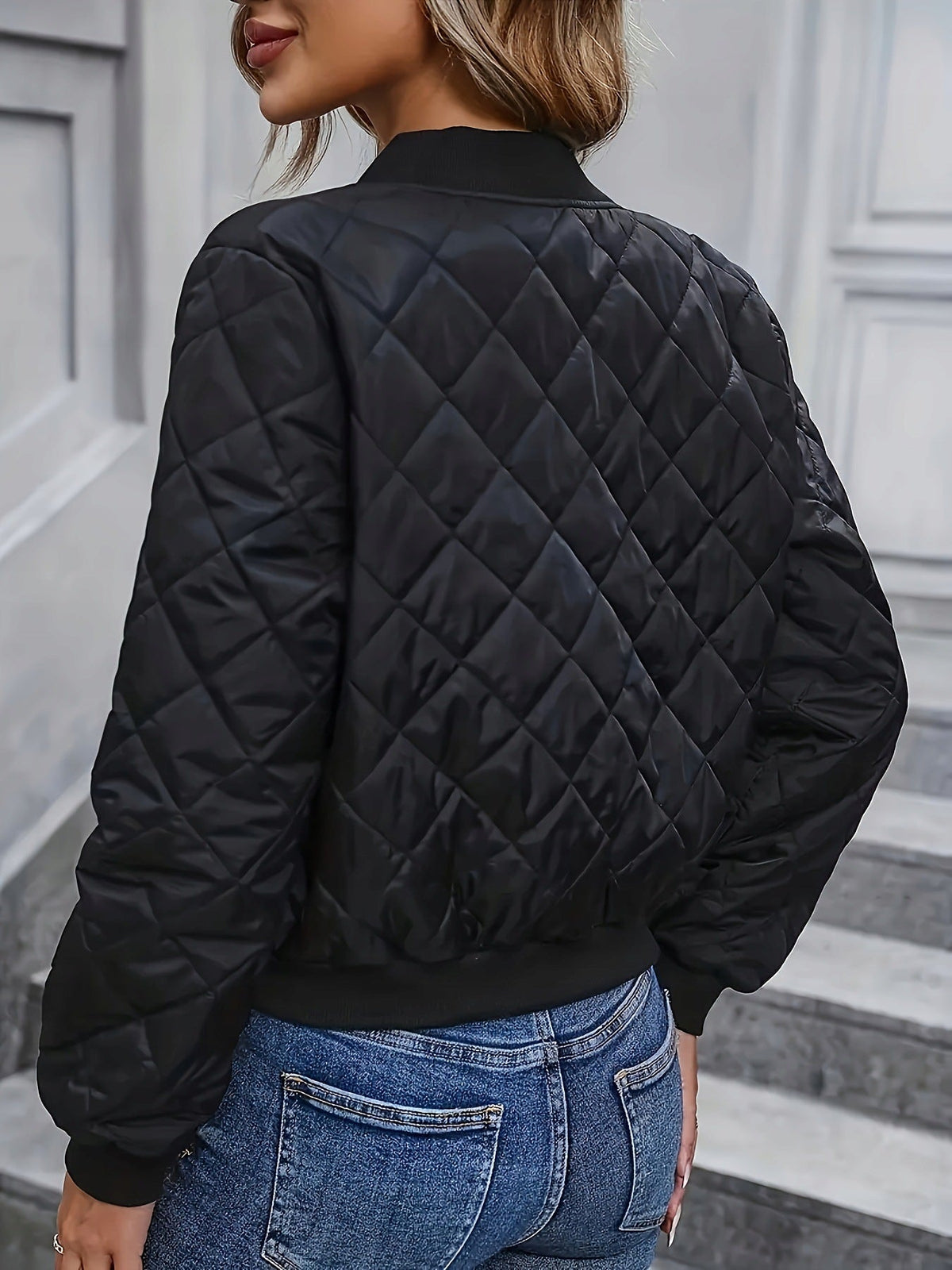 Leonie | Womens Black Quilted Bomber Jacket