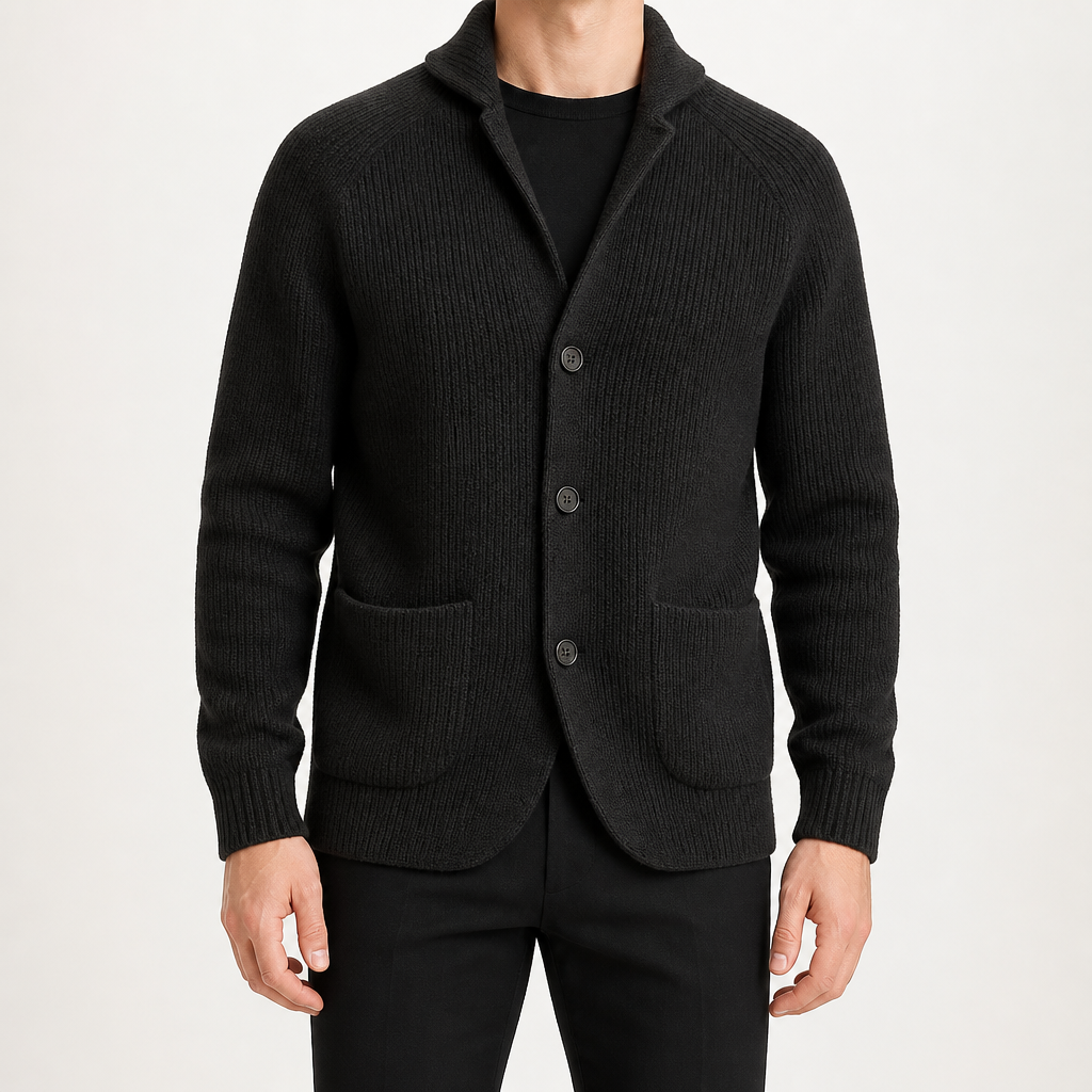 Leopold | Mens Three Button Notch Lapel Knitted Gentleman Cardigan, Black
