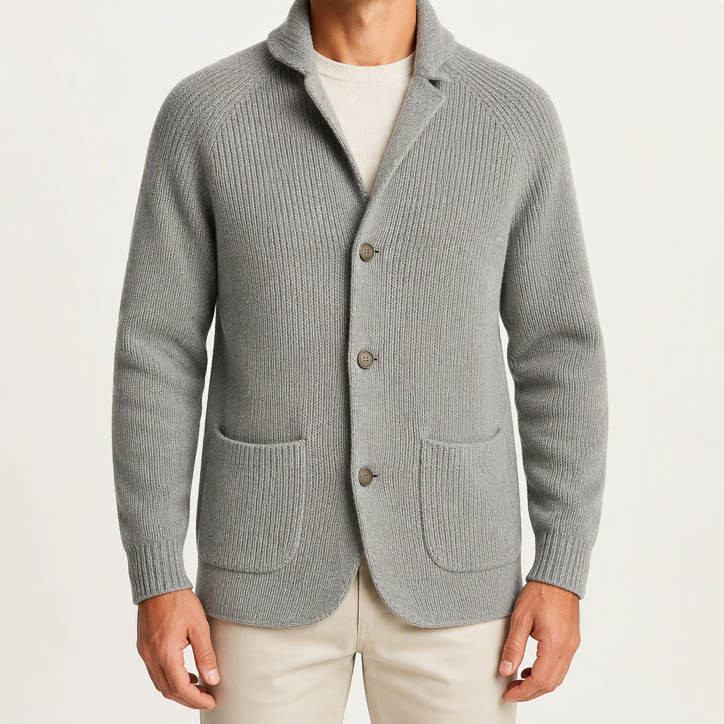 Leopold | Mens Three Button Notch Lapel Knitted Gentleman Cardigan, Grey