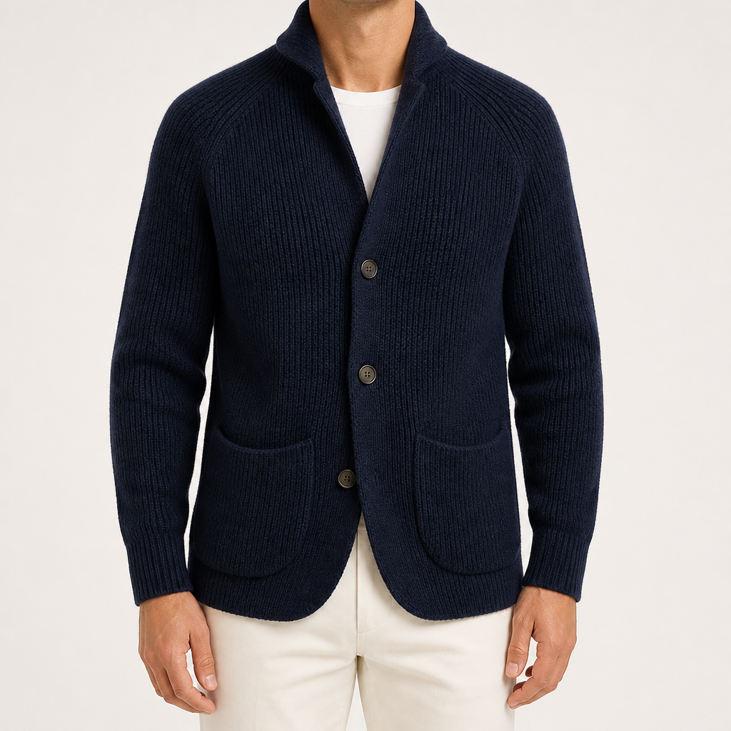 Leopold | Mens Three Button Notch Lapel Knitted Gentleman Cardigan, Navy Blue