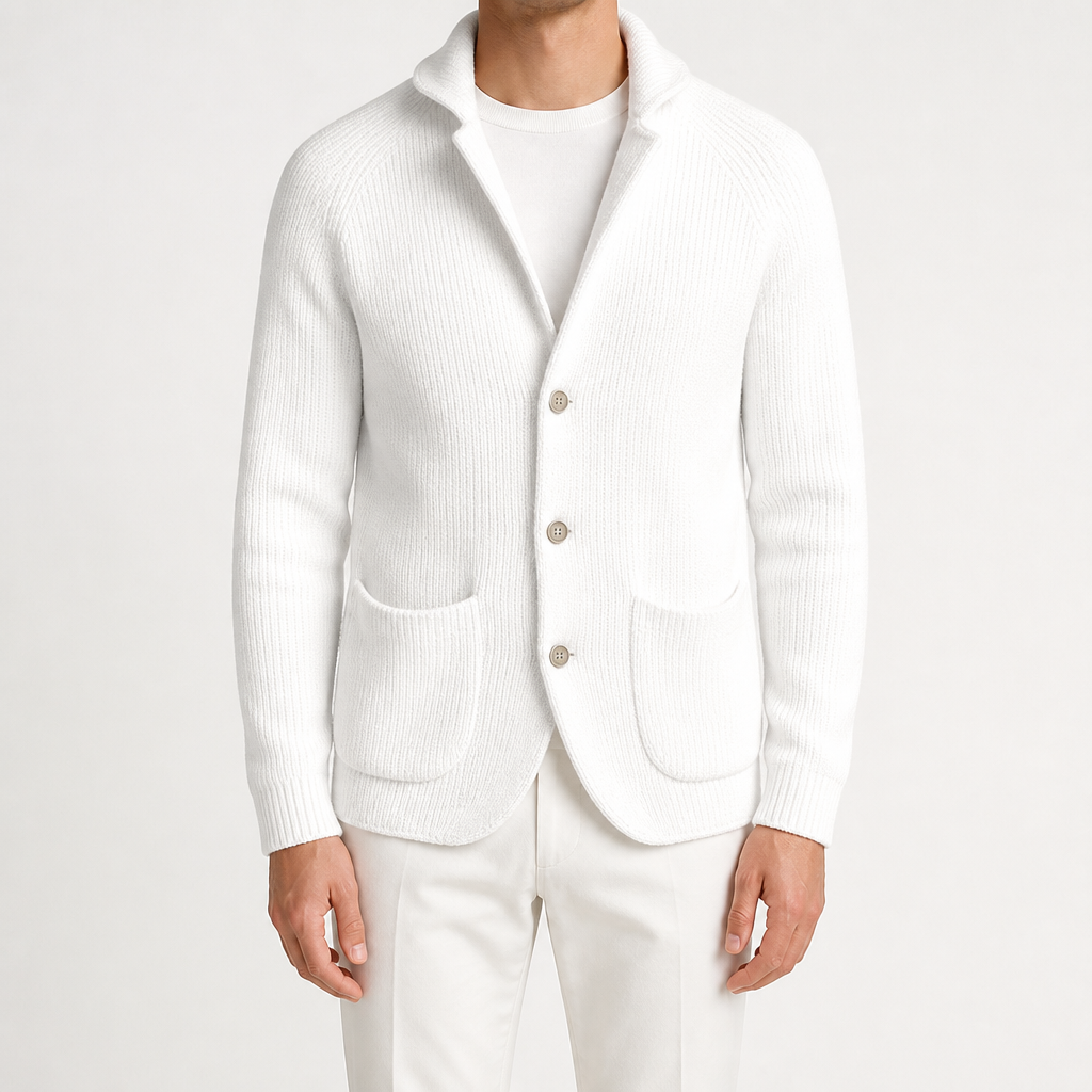 Leopold | Mens Three Button Notch Lapel Knitted Gentleman Cardigan, White