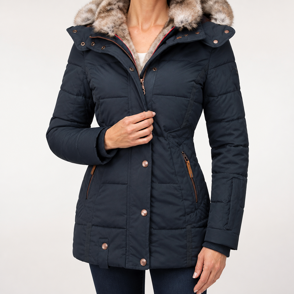Linnea | Womens Parka Coat Fur Collar Padded Warm Winter Coat, Blue