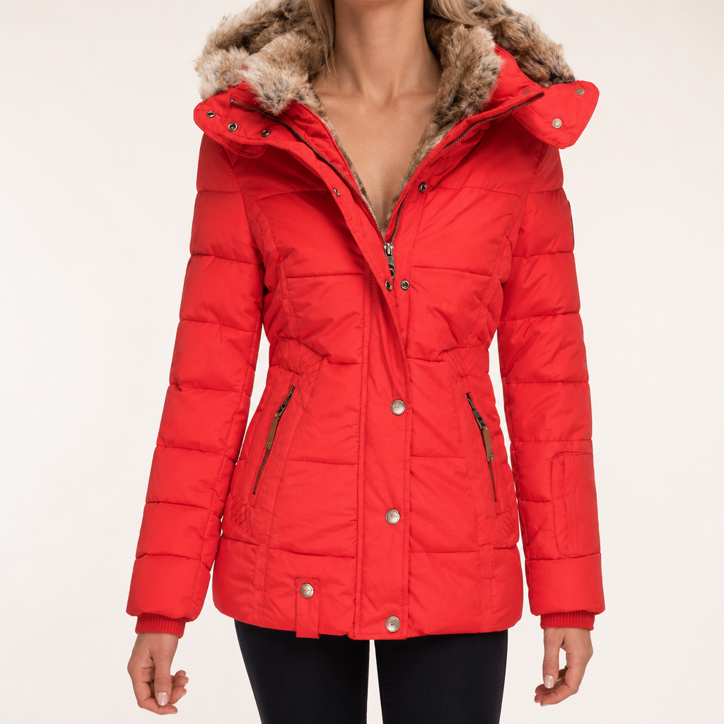 Linnea | Womens Parka Coat Fur Collar Padded Warm Winter Coat, Red
