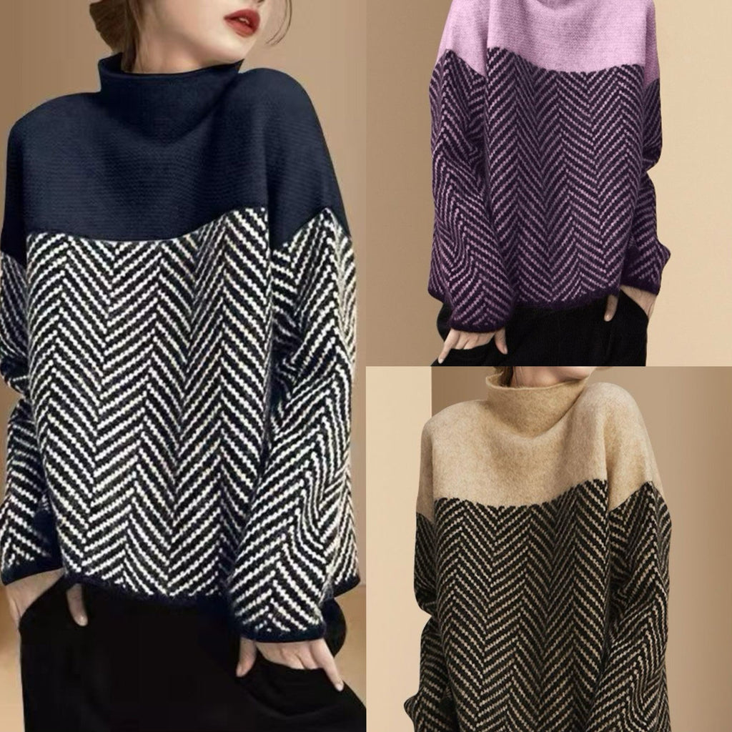 Linnea | Womens Striped Turtleneck Knitted Oversized Jumper - 2
