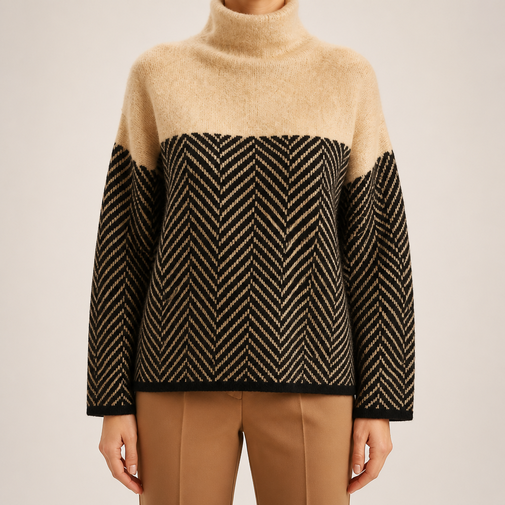 Linnea | Womens Striped Turtleneck Knitted Oversized Jumper, Khaki