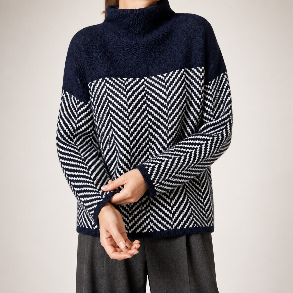 Linnea | Womens Striped Turtleneck Knitted Oversized Jumper, Navy Blue