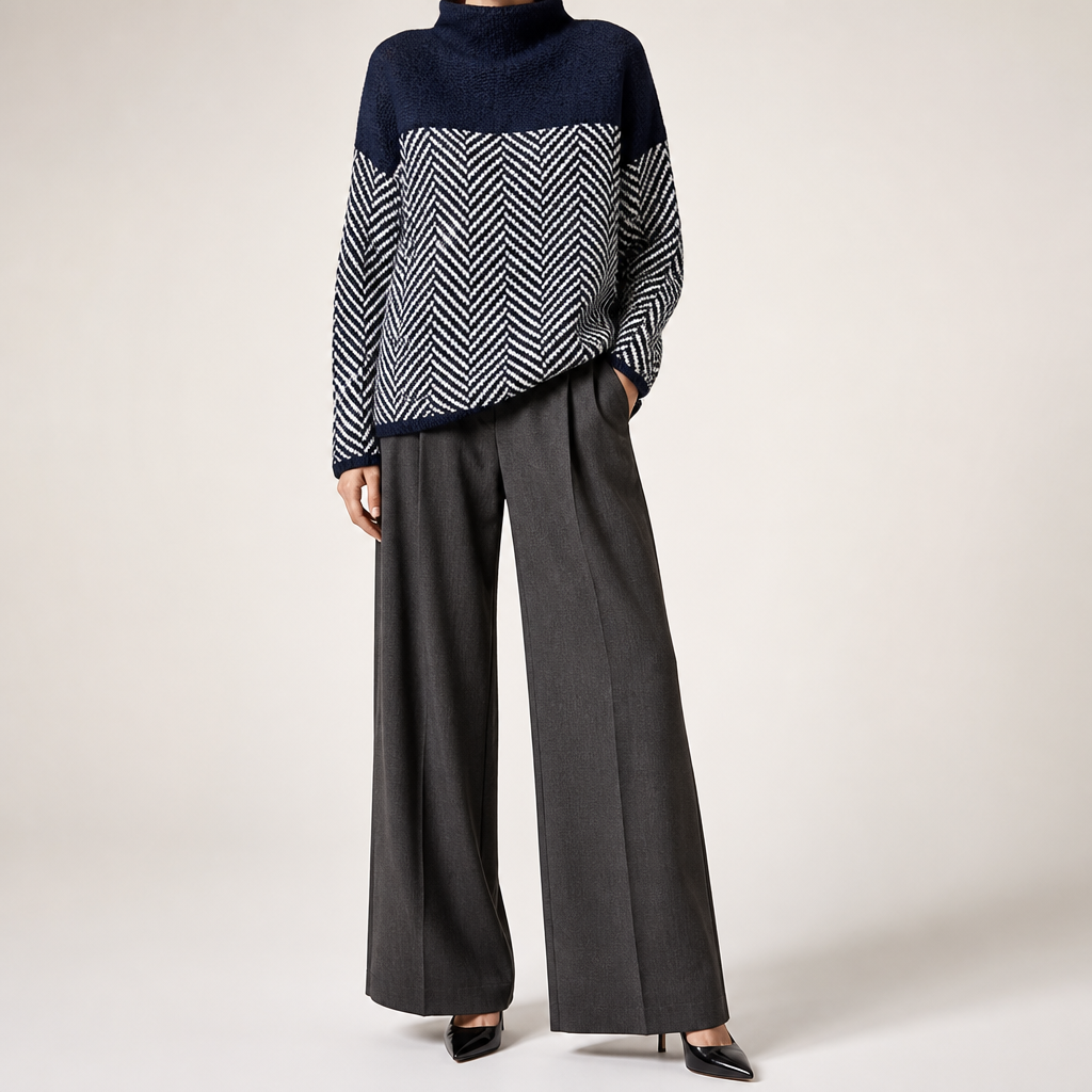 Linnea | Womens Striped Turtleneck Knitted Oversized Jumper, Navy Blue