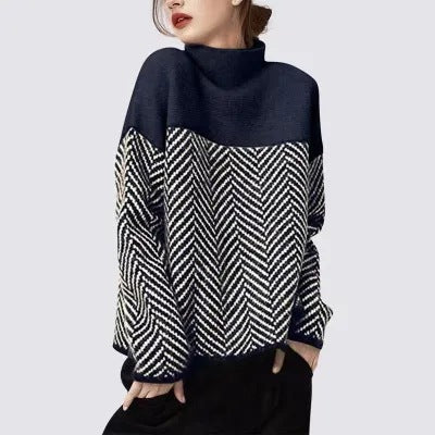 Linnea | Womens Striped Turtleneck Knitted Oversized Jumper - Navy Blue
