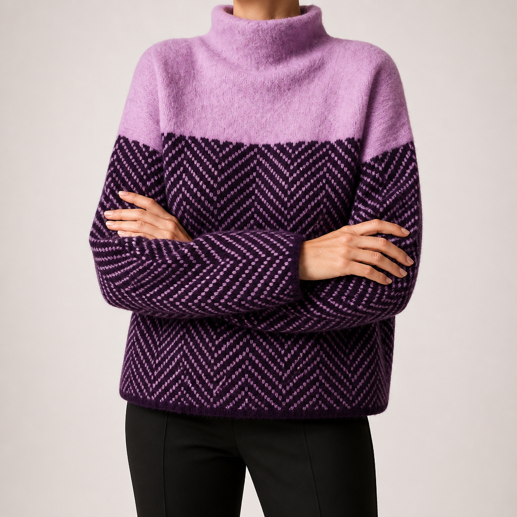 Linnea | Womens Striped Turtleneck Knitted Oversized Jumper, Purple