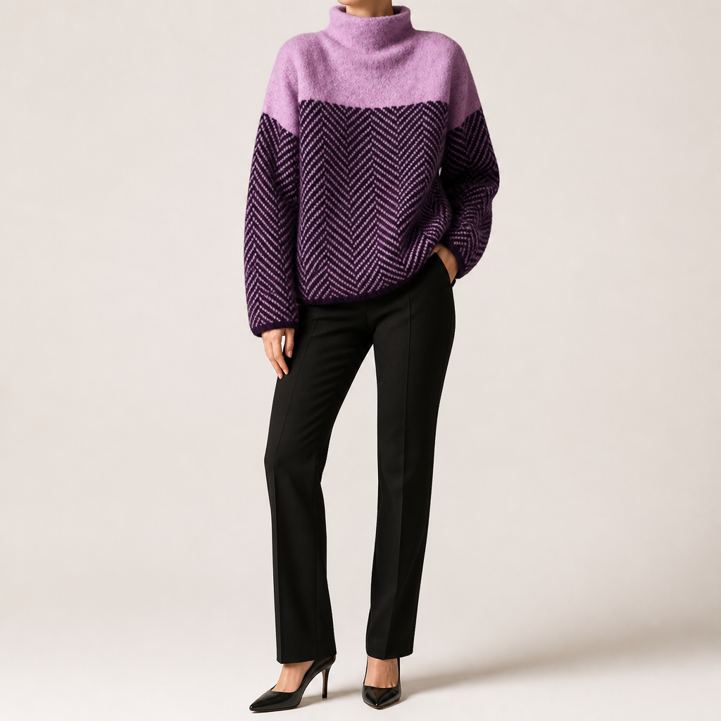 Linnea | Womens Striped Turtleneck Knitted Oversized Jumper, Purple