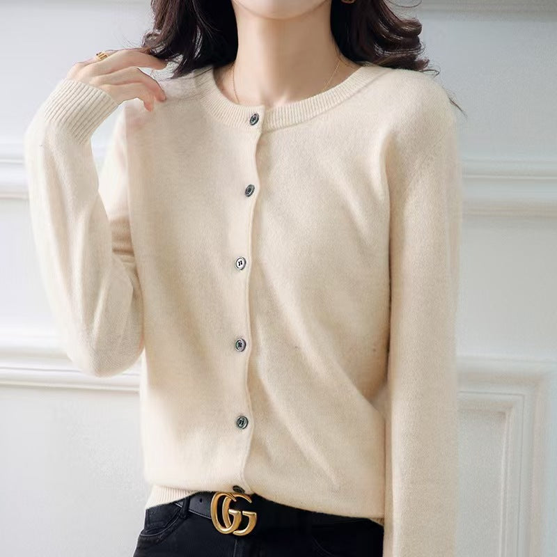Liv | Womens Round Neck Cropped Knit Cardigan - Beige