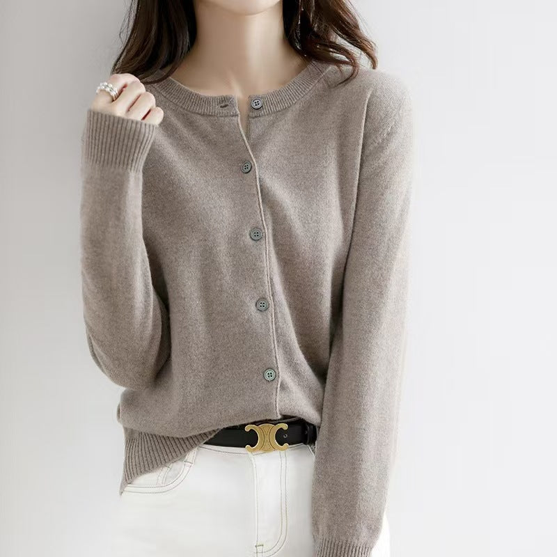 Liv | Womens Round Neck Cropped Knit Cardigan - Deep Camel