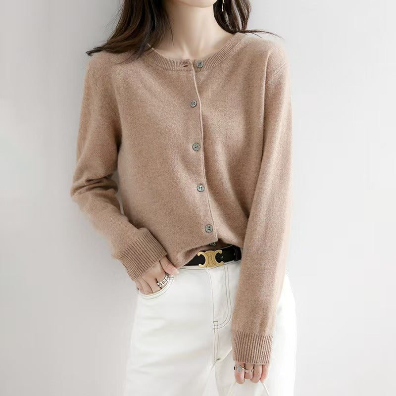 Liv | Womens Round Neck Cropped Knit Cardigan - Golden Camel