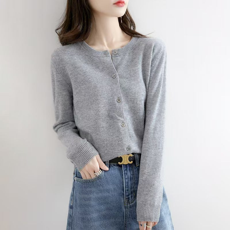 Liv | Womens Round Neck Cropped Knit Cardigan - Light Grey
