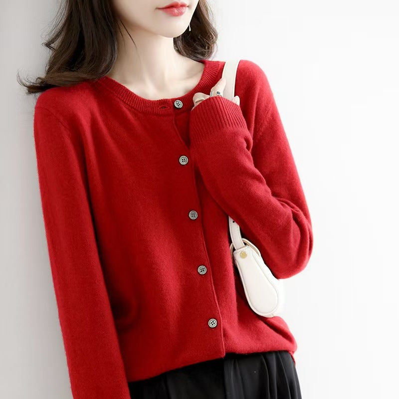Liv | Womens Round Neck Cropped Knit Cardigan - Maroon Red