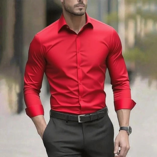 Lorcan | Mens Long Sleeve Formal Business Shirt Wrinkle Free Slim Fit - Red