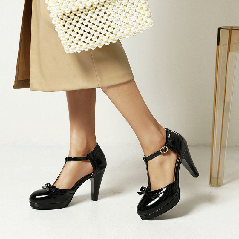 Loretta | Womens Round Toe Chunky Heel Court On Black White Pink Shoes - 4