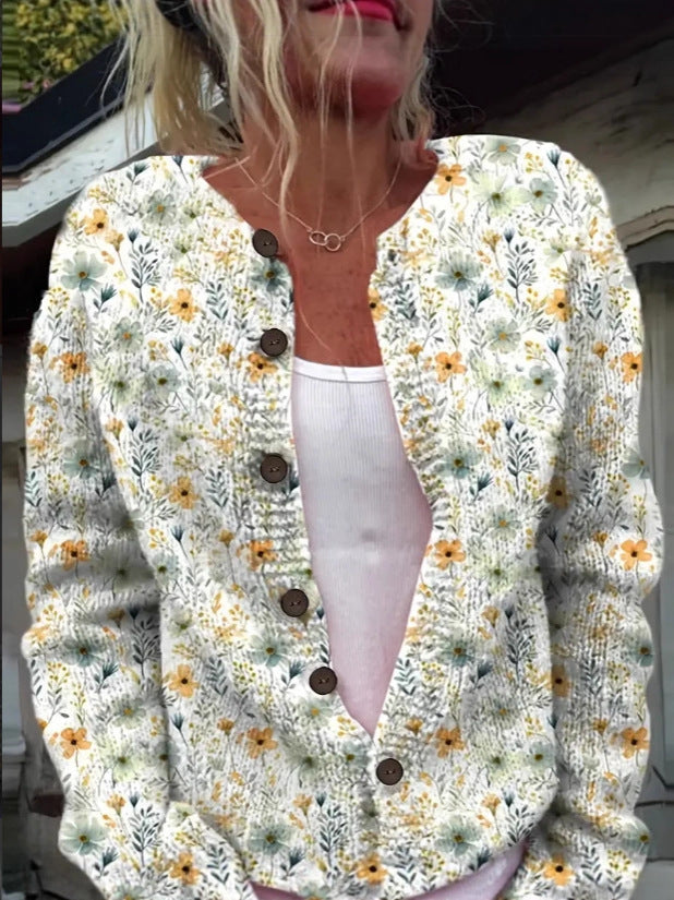 Louisa | Womens Loose Cardigan Long Sleeve Round Neck Printed Knitwear - 1