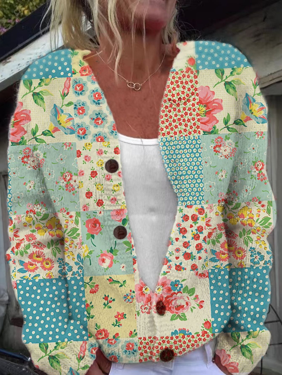 Louisa | Womens Loose Cardigan Long Sleeve Round Neck Printed Knitwear - 10