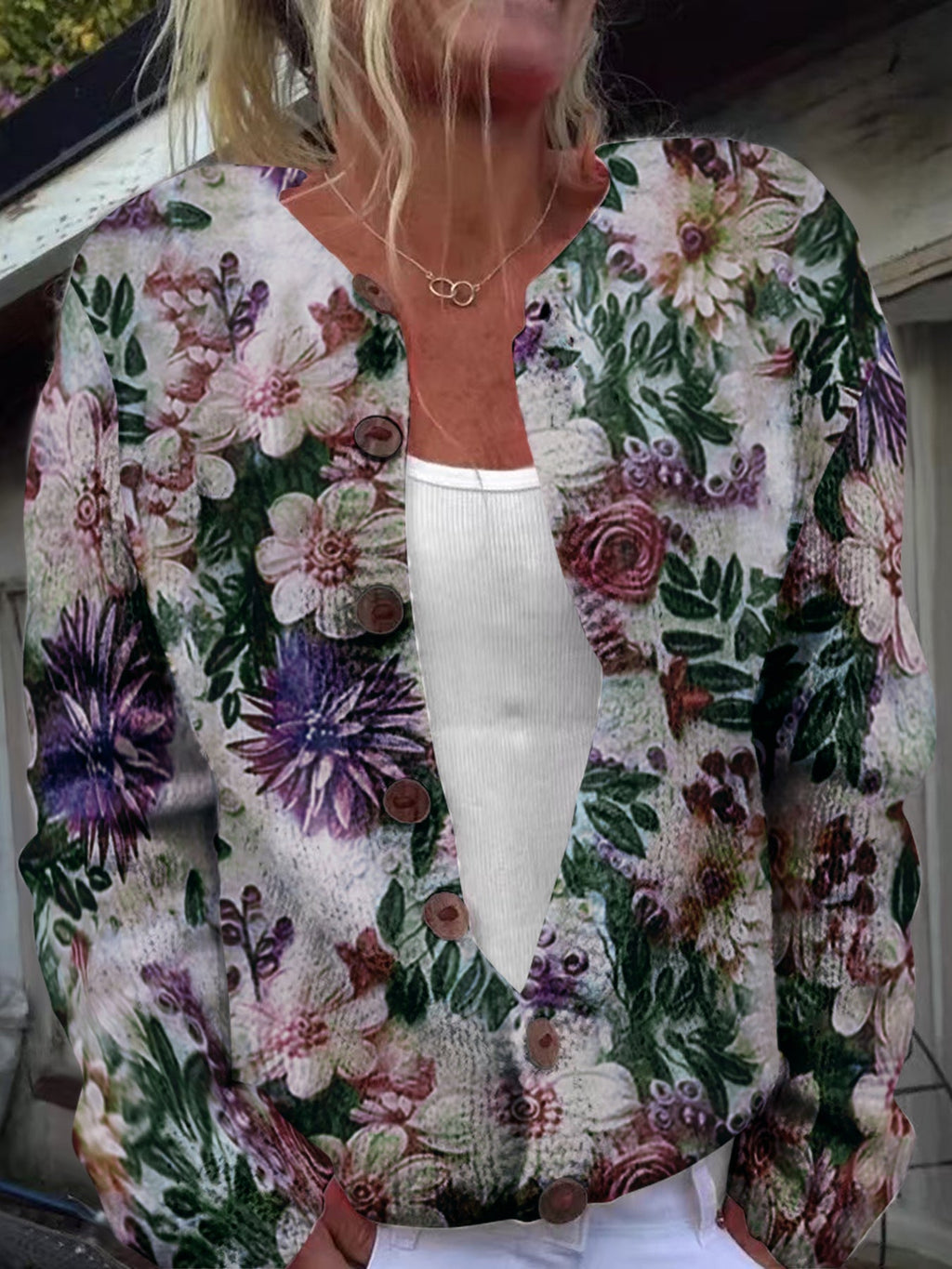 Louisa | Womens Loose Cardigan Long Sleeve Round Neck Printed Knitwear - 3
