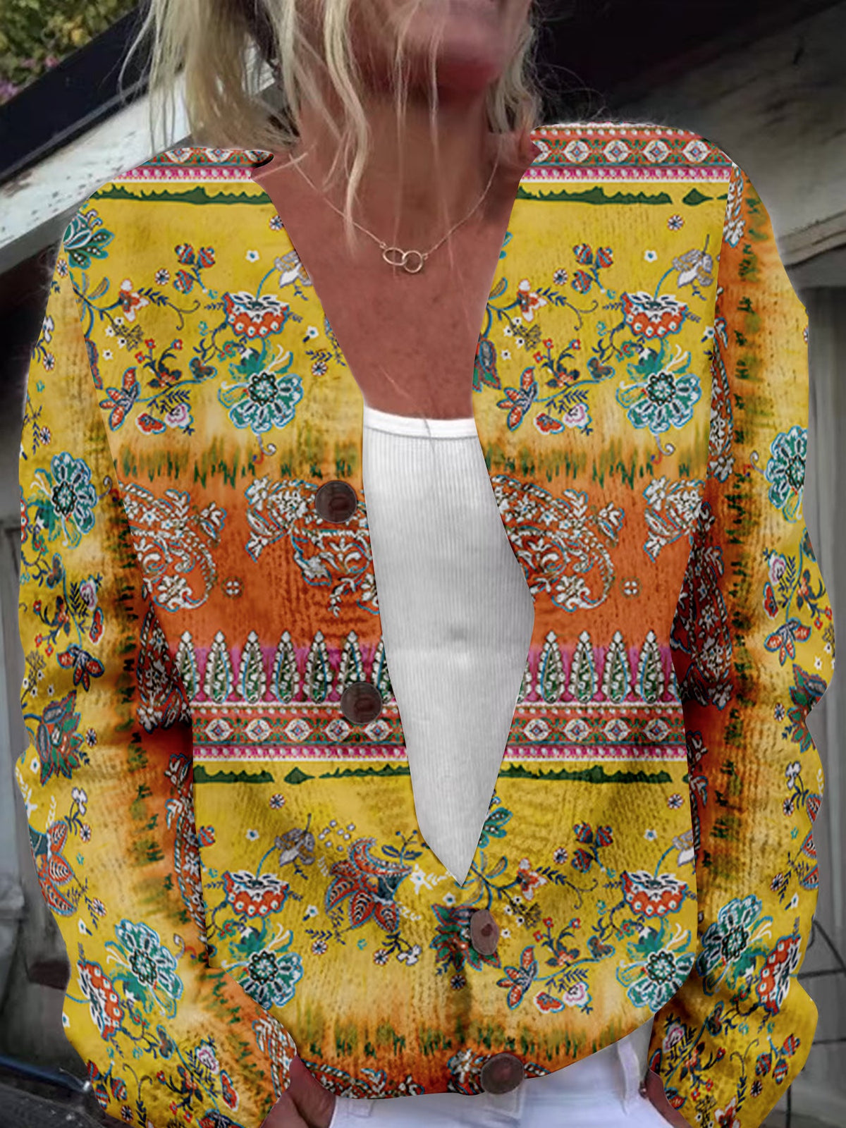 Louisa | Womens Loose Cardigan Long Sleeve Round Neck Printed Knitwear - 4