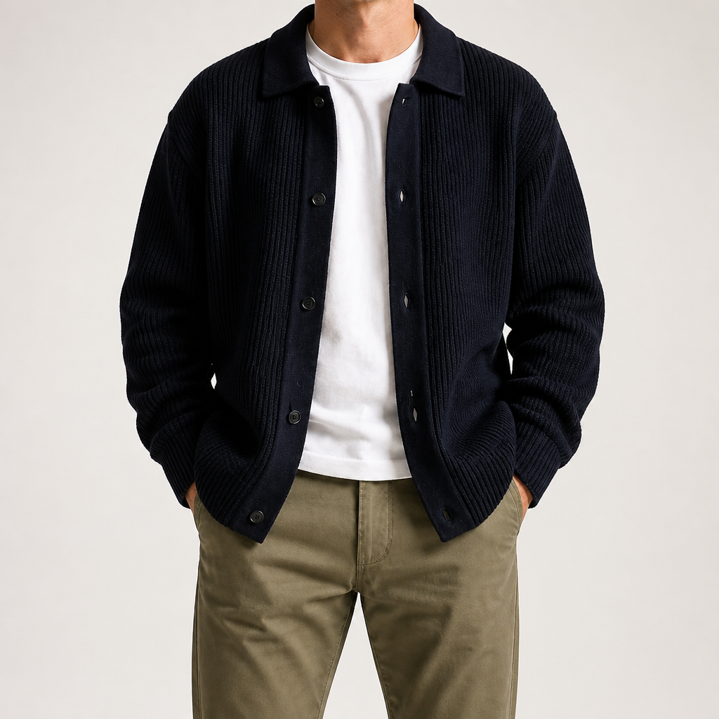Lysander | Mens Cardigan Knitted Collared Casual Loose Shirt Jacket, Black