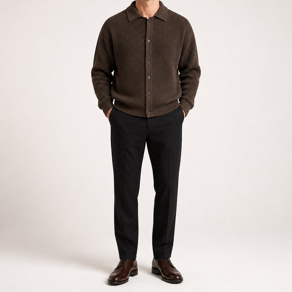 Lysander | Mens Cardigan Knitted Collared Casual Loose Shirt Jacket, Coffee