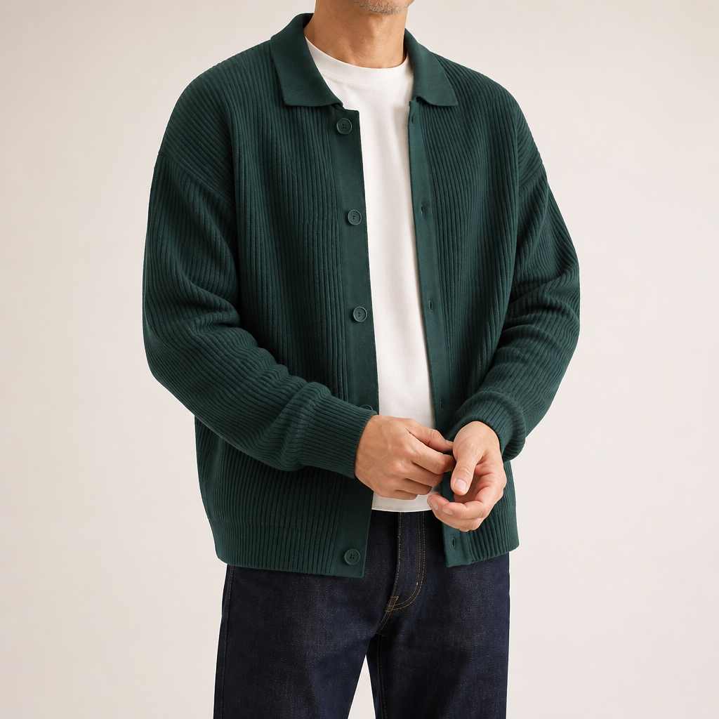 Lysander | Mens Cardigan Knitted Collared Casual Loose Shirt Jacket, Dark Green