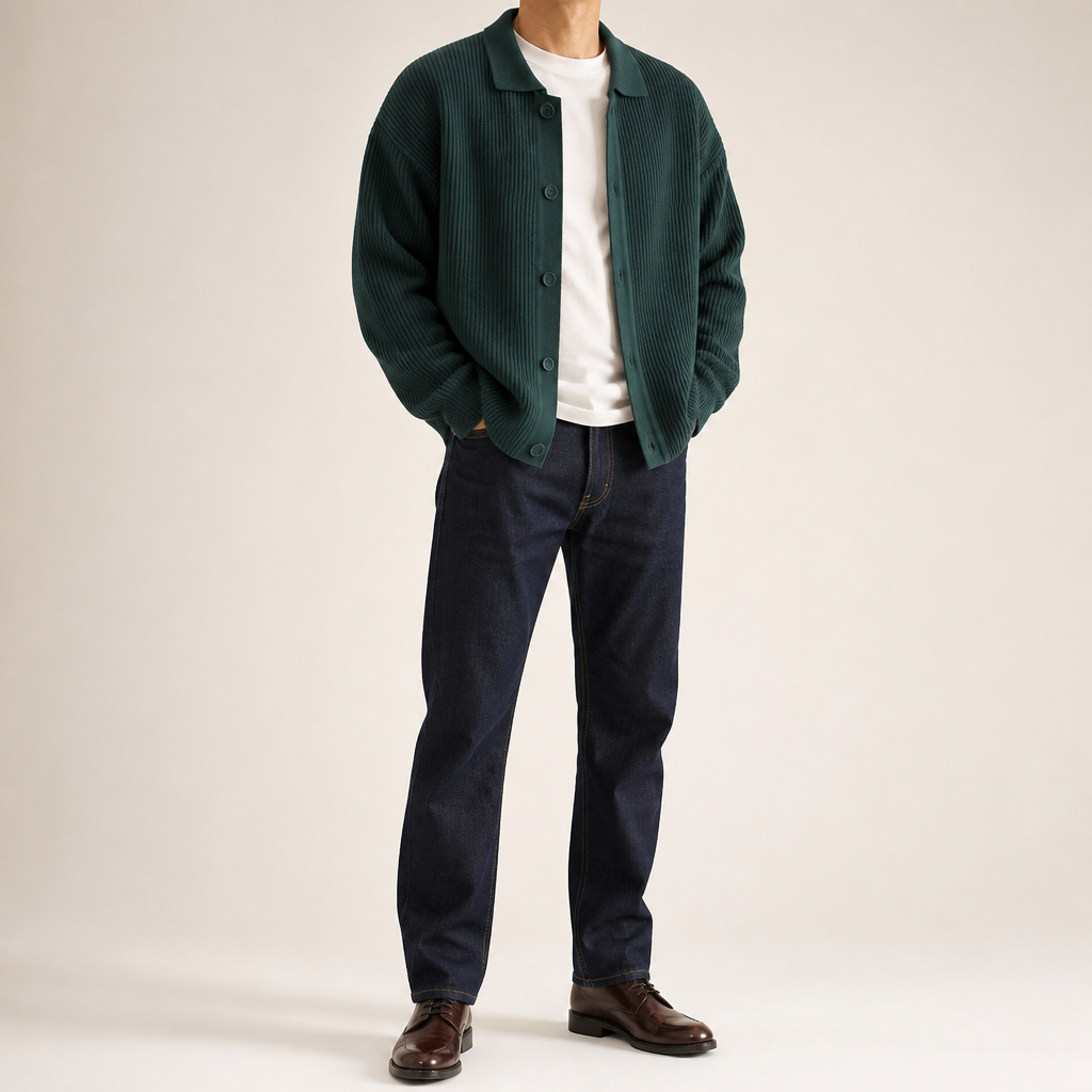 Lysander | Mens Cardigan Knitted Collared Casual Loose Shirt Jacket, Dark Green