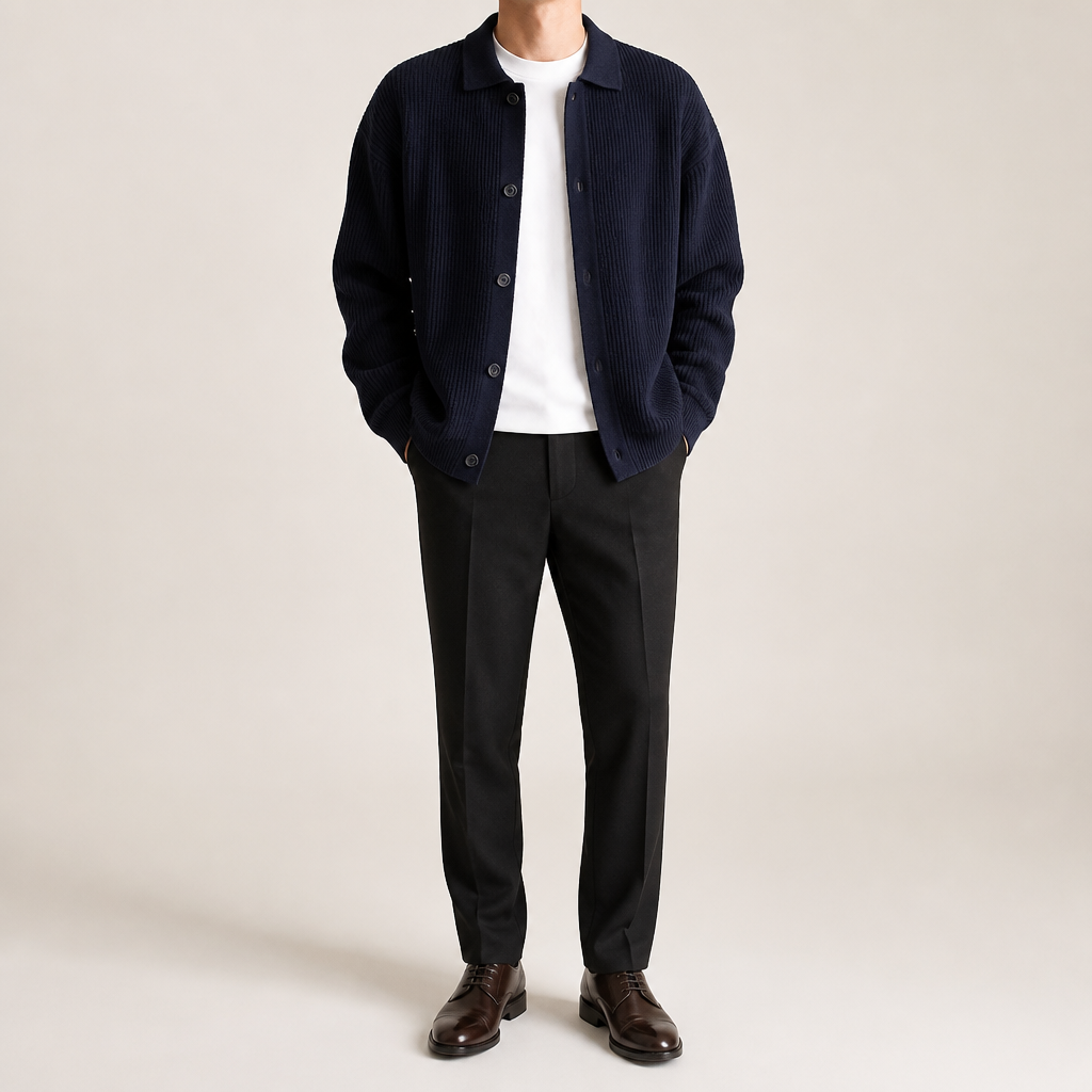 Lysander | Mens Cardigan Knitted Collared Casual Loose Shirt Jacket, Navy Blue