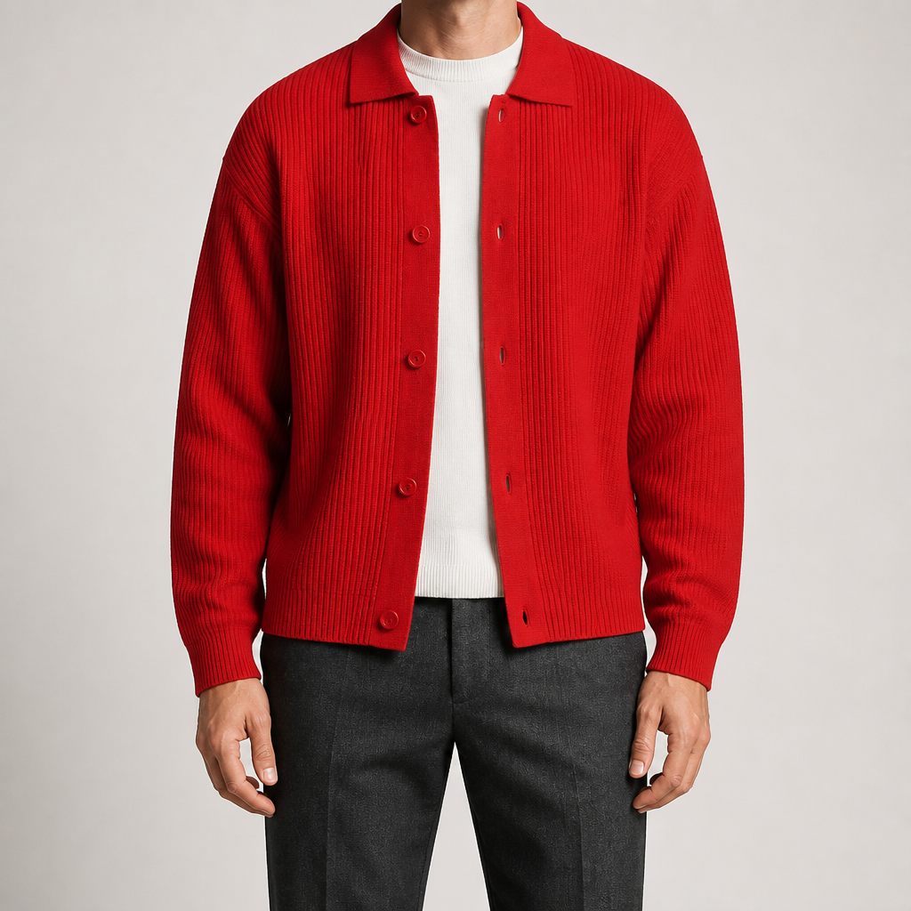 Lysander | Mens Cardigan Knitted Collared Casual Loose Shirt Jacket, Red
