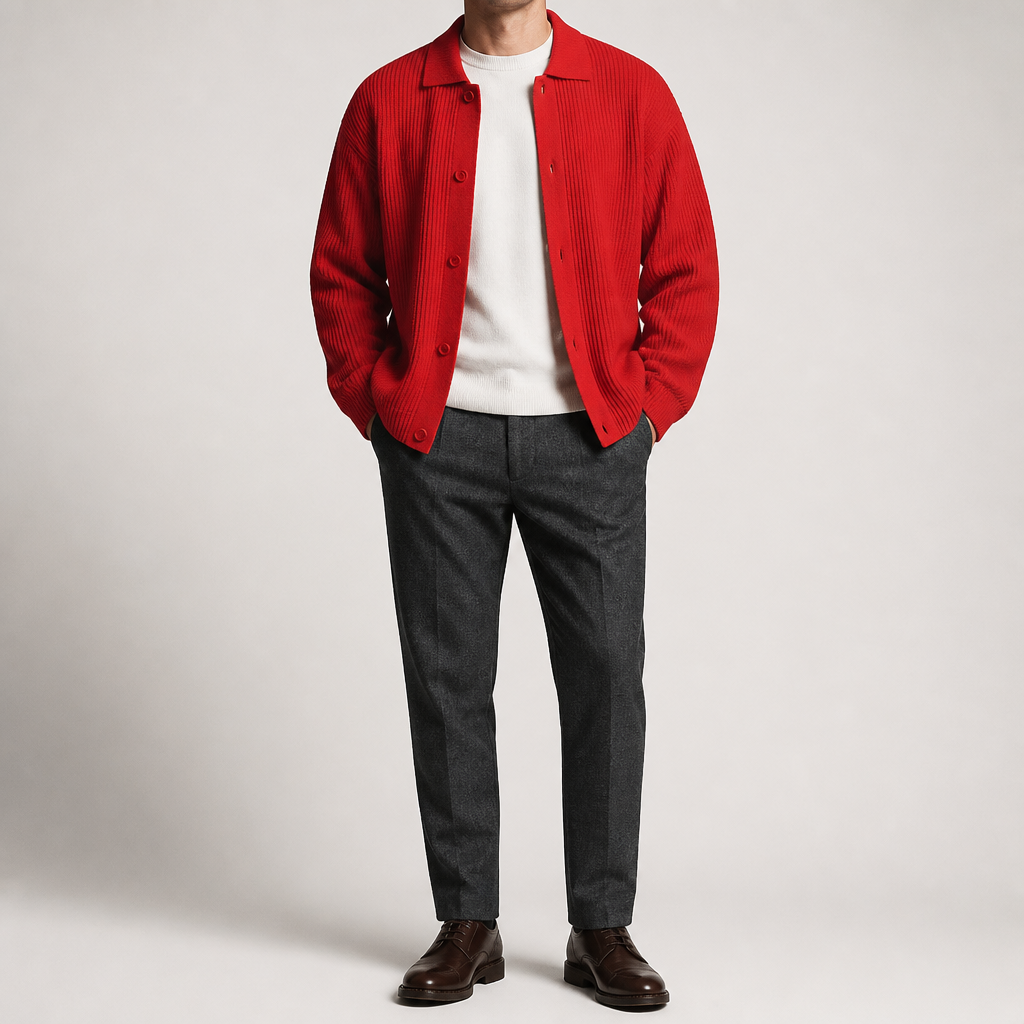 Lysander | Mens Cardigan Knitted Collared Casual Loose Shirt Jacket, Red